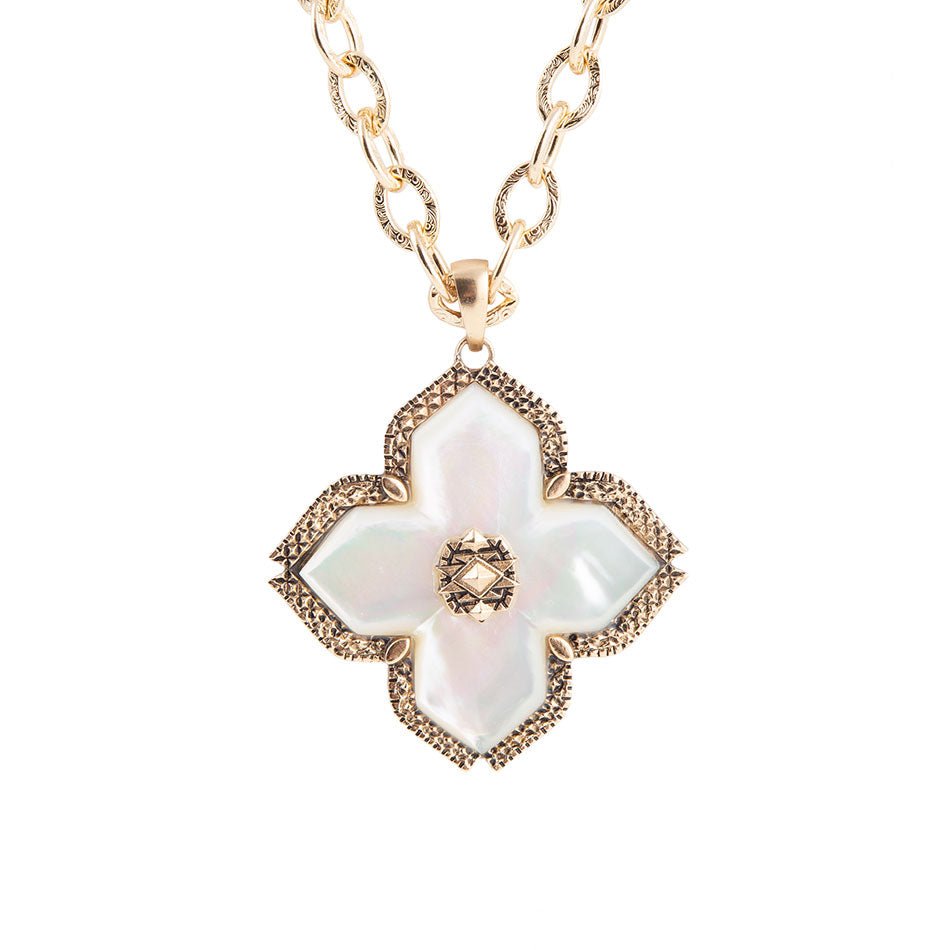 Maltese Cross White Mother of Pearl Golden Chain Pendant Necklace by Barse Jewelry