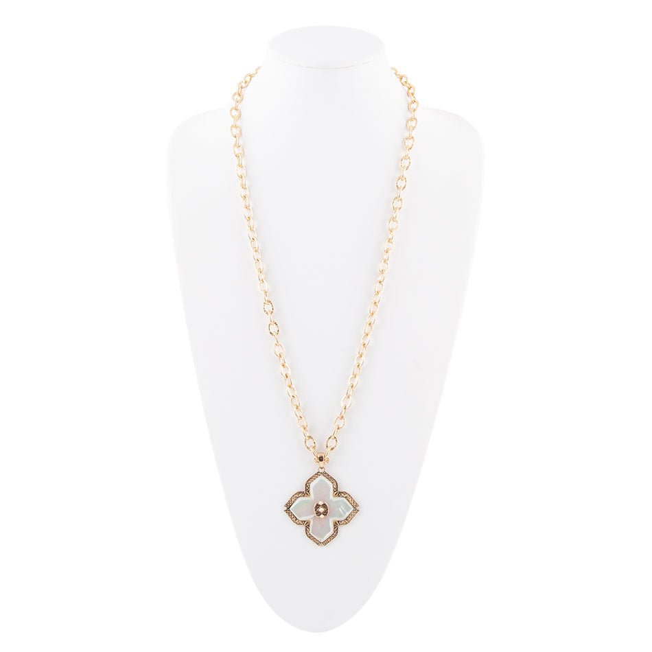 Maltese Cross White Mother of Pearl Golden Chain Pendant Necklace detail view by Barse Jewelry