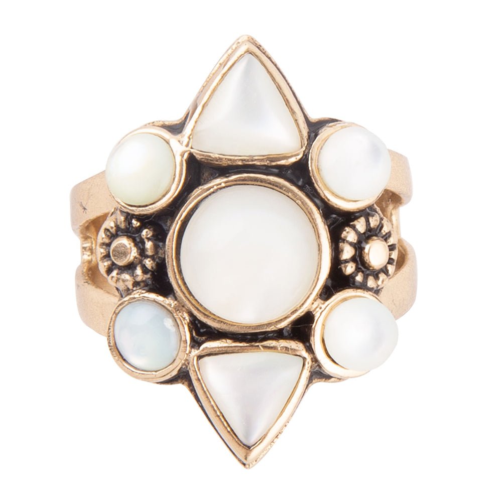 White Mother of Pearl Golden Statement Ring detail view by Barse Jewelry