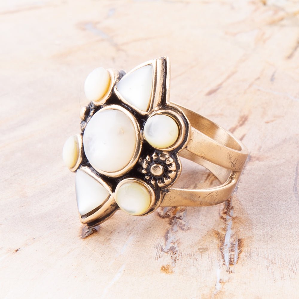 White Mother of Pearl Golden Statement Ring detail view by Barse Jewelry