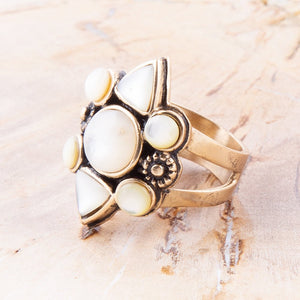 White Mother of Pearl Golden Statement Ring detail view by Barse Jewelry