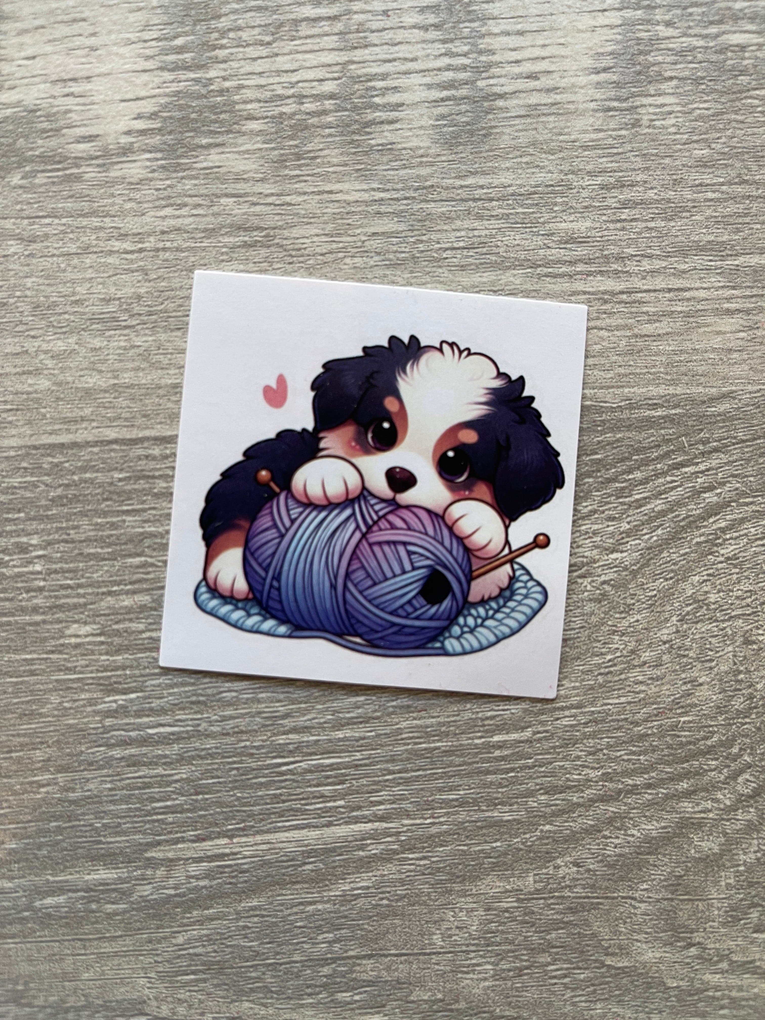 Puppy with Yarn on a Rug Sticker Stickers by Mountaintop Yarn