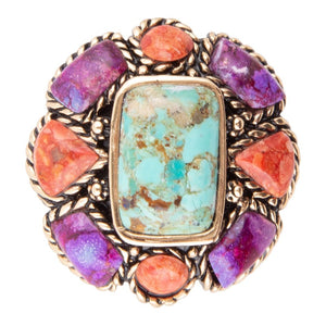 Blue Turquoise Colorful Floral Golden Ring detail view by Barse Jewelry