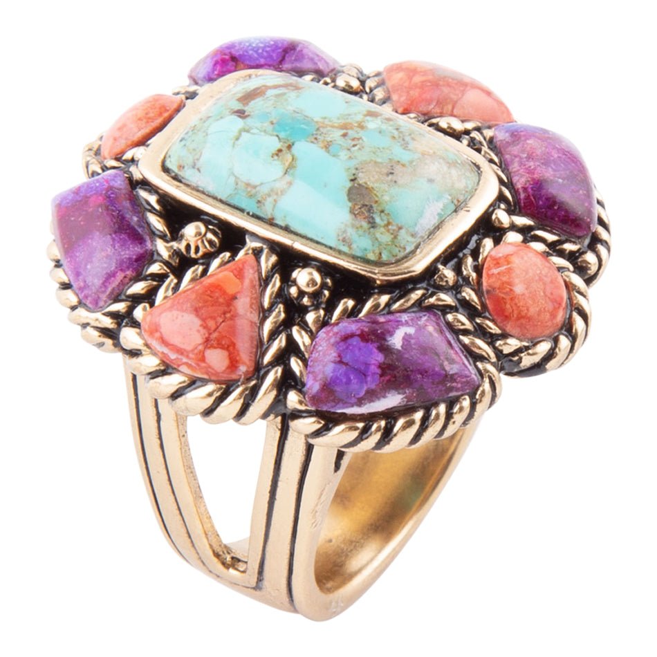 Blue Turquoise Colorful Floral Golden Ring by Barse Jewelry