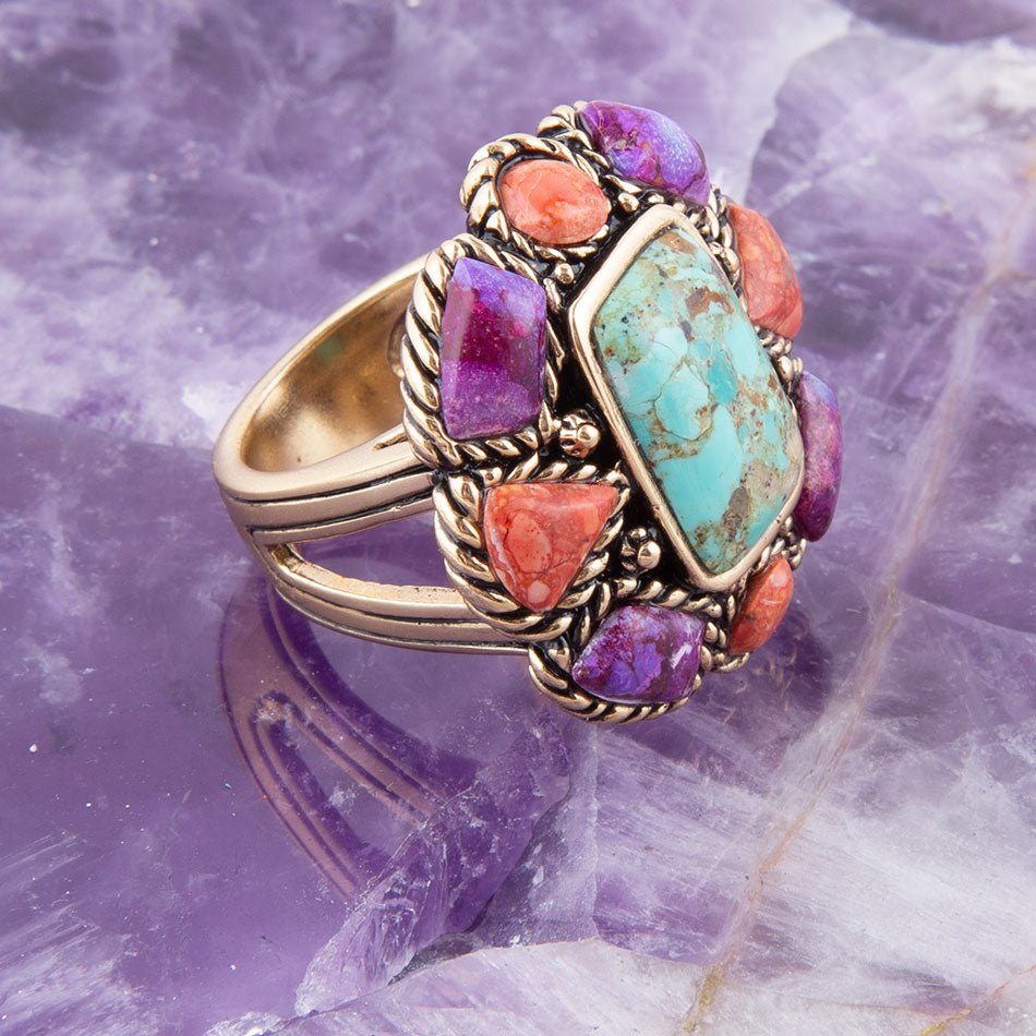 Blue Turquoise Colorful Floral Golden Ring detail view by Barse Jewelry