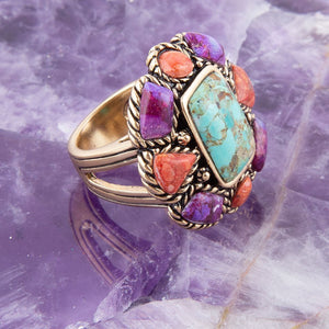 Blue Turquoise Colorful Floral Golden Ring detail view by Barse Jewelry
