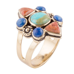 Blue Turquoise and Colorful Multi-Stone Golden Statement Ring by Barse Jewelry
