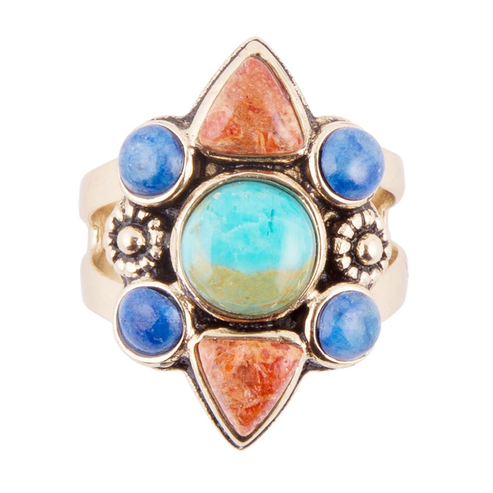 Blue Turquoise and Colorful Multi-Stone Golden Statement Ring detail view by Barse Jewelry