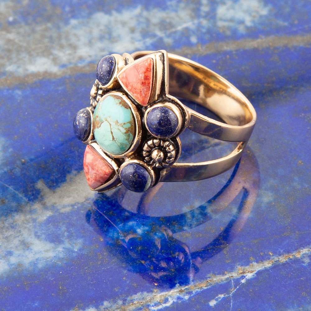 Blue Turquoise and Colorful Multi-Stone Golden Statement Ring detail view by Barse Jewelry