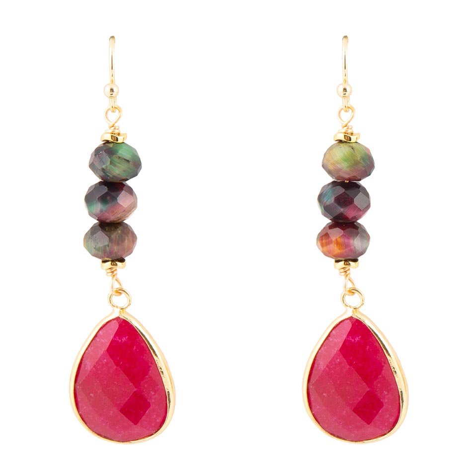 Jeweled Multicolor Tiger's Eye and Pink Agate Golden Drop Earrings by Barse Jewelry