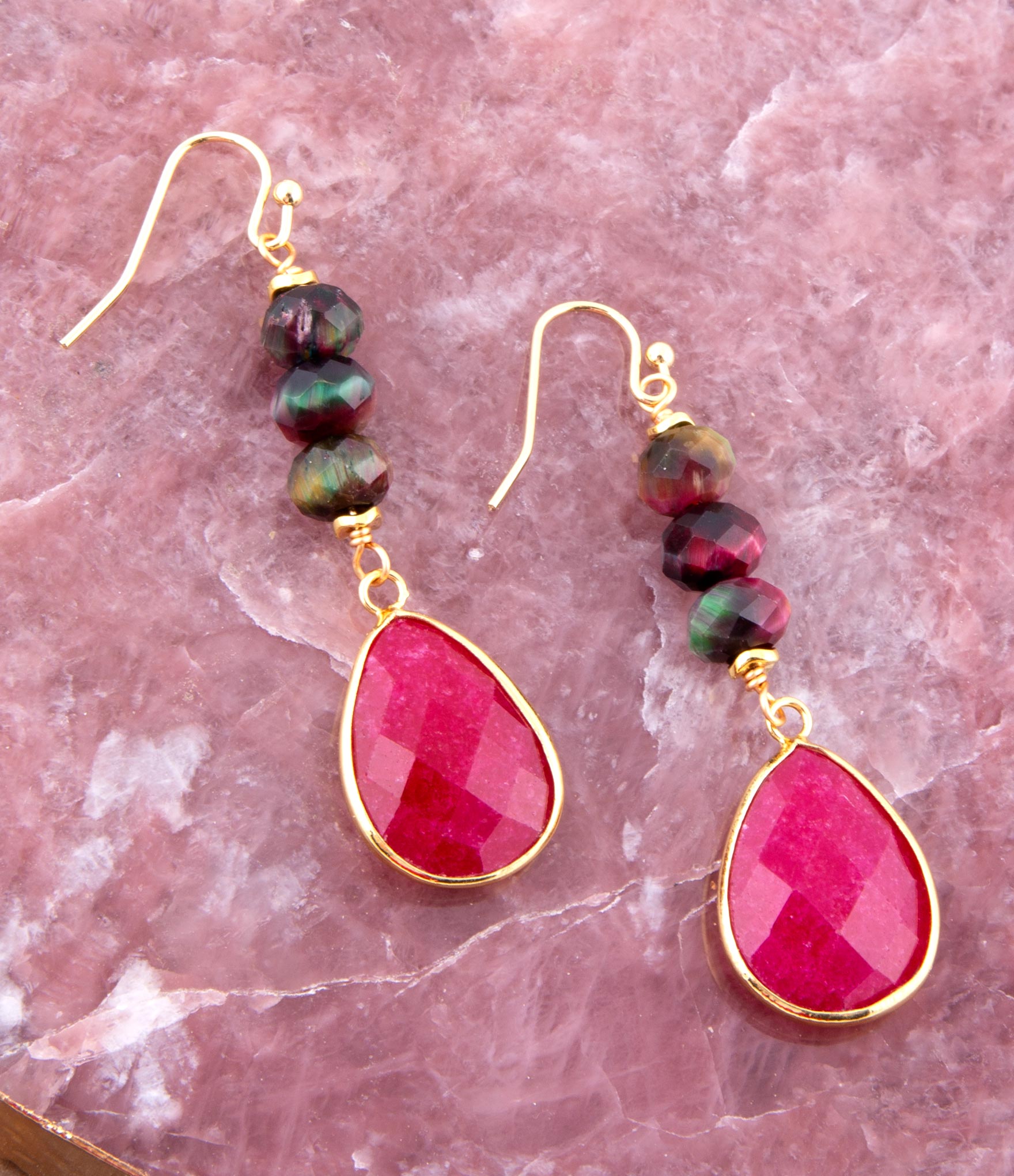 Jeweled Multicolor Tiger's Eye and Pink Agate Golden Drop Earrings detail view by Barse Jewelry