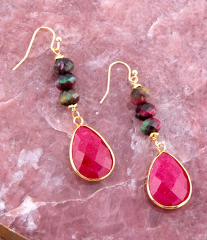 Jeweled Multicolor Tiger's Eye and Pink Agate Golden Drop Earrings detail view by Barse Jewelry
