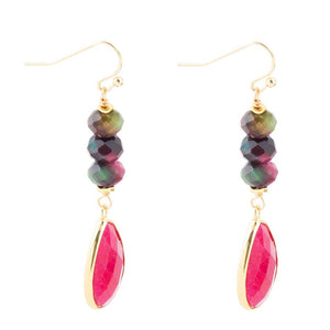 Jeweled Multicolor Tiger's Eye and Pink Agate Golden Drop Earrings detail view by Barse Jewelry