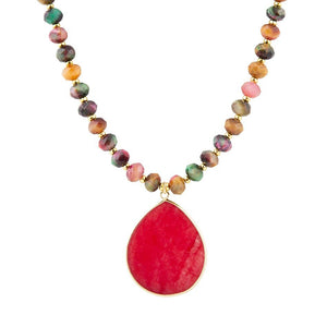 Jeweled Multicolor Tiger's Eye and Pink Jade Pendant Golden Necklace by Barse Jewelry