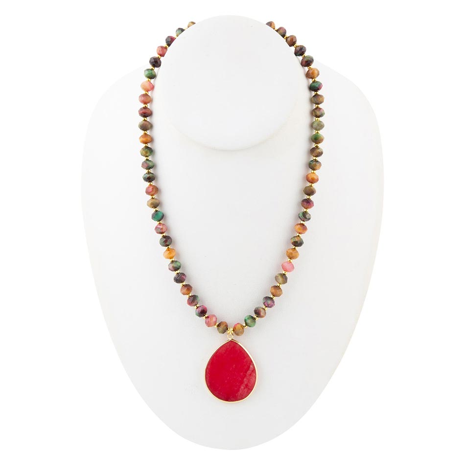 Jeweled Multicolor Tiger's Eye and Pink Jade Pendant Golden Necklace detail view by Barse Jewelry