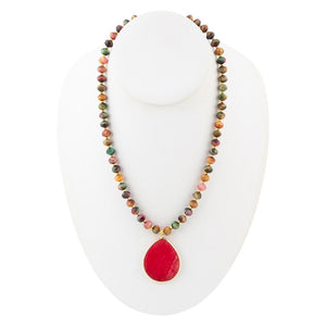 Jeweled Multicolor Tiger's Eye and Pink Jade Pendant Golden Necklace detail view by Barse Jewelry