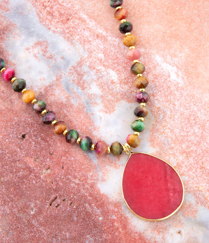 Jeweled Multicolor Tiger's Eye and Pink Jade Pendant Golden Necklace detail view by Barse Jewelry