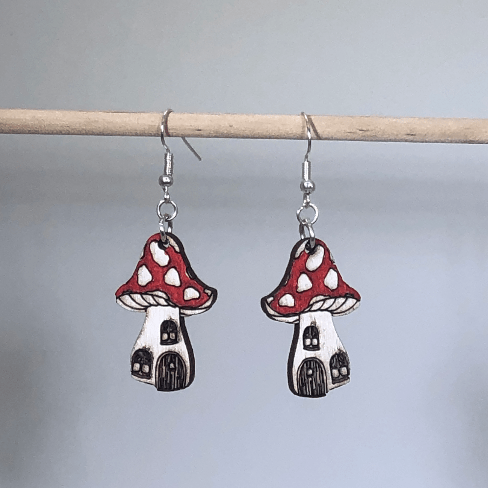 Enchanted Mushroom Wooden Dangle Earrings | Fantasy Jewelry