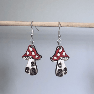 Enchanted Mushroom Wooden Dangle Earrings | Fantasy Jewelry detail view by Cate's Concepts, LLC