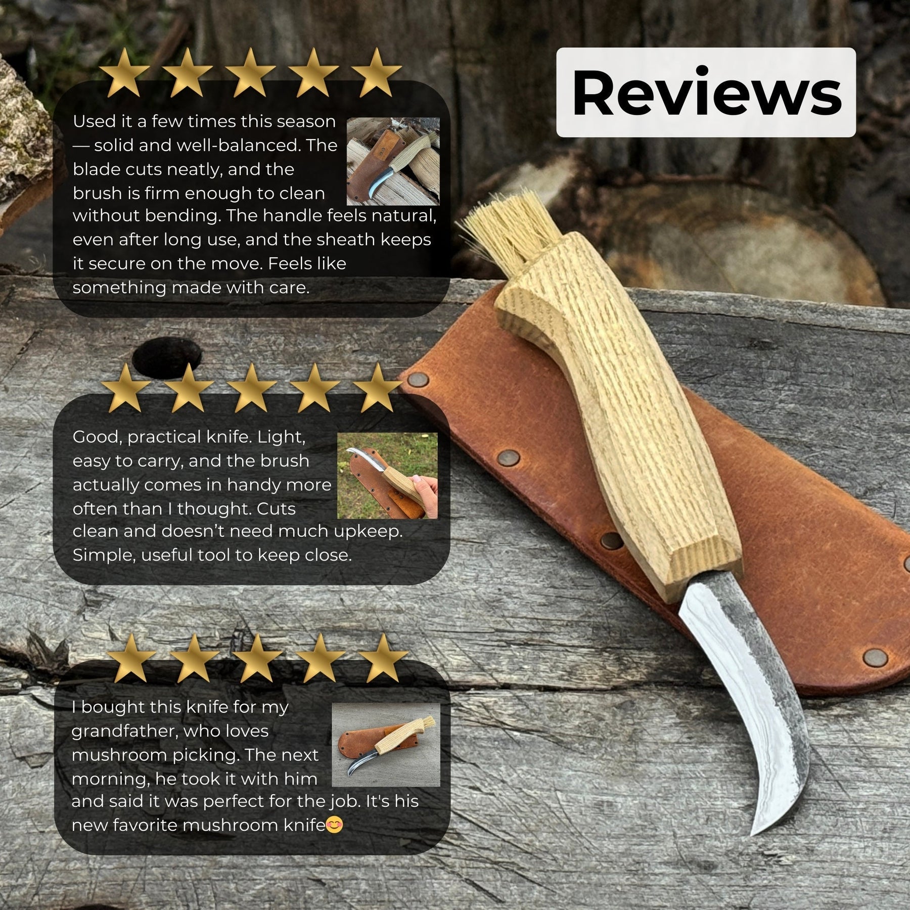 Mushroom Knife with Brush For Harvesting, 7.5 cm (2.95 inches) detail view by Sharky Forged Steel Tools