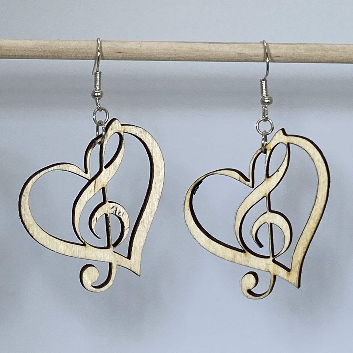 Treble Clef Heart Wooden Dangle Earrings | Music Lover Jewelry detail view by Cate's Concepts, LLC