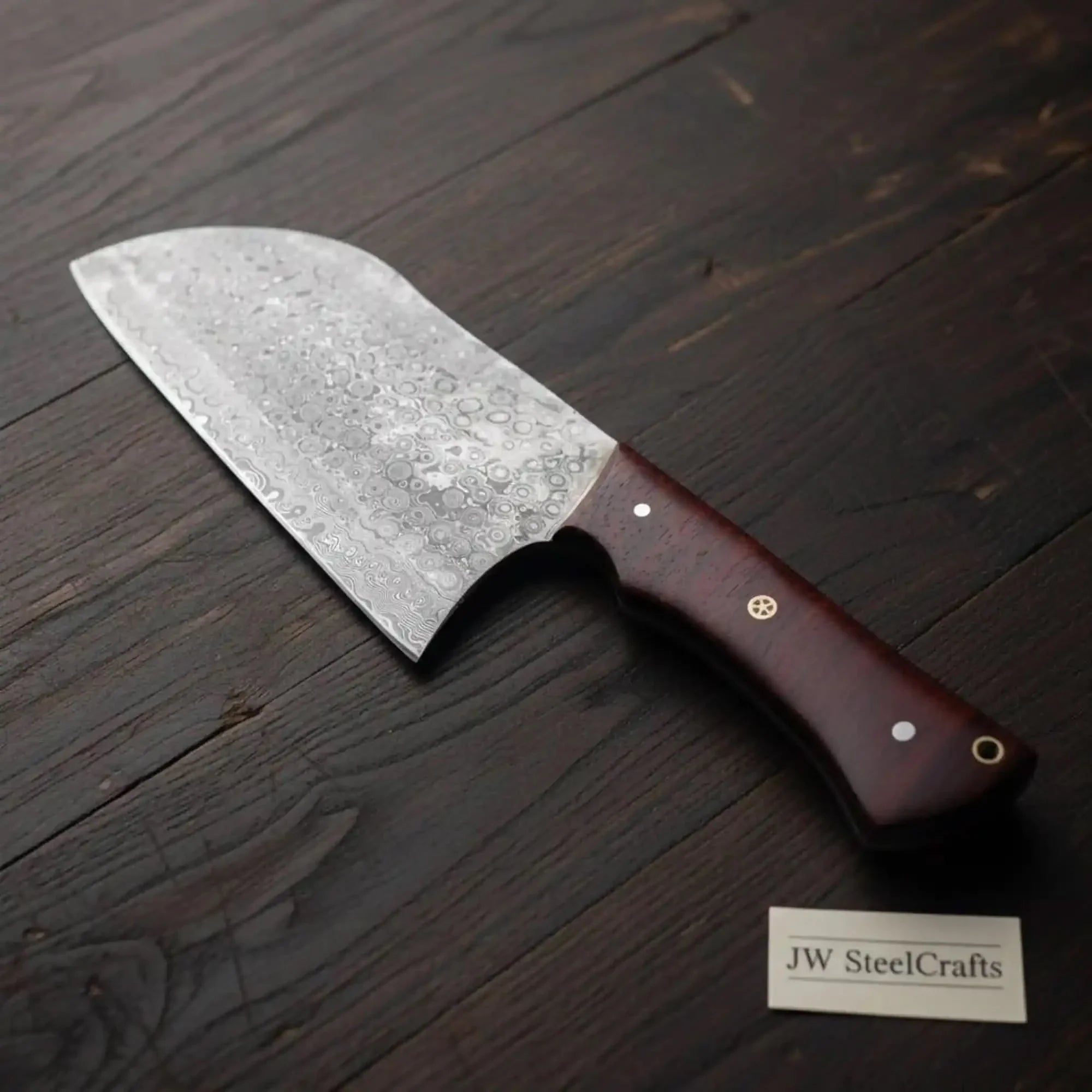 11-Inch Raindrop Damascus Chinese Vegetable Cleaver — Rosewood Handle & Lanyard Hole by JW SteelCrafts, Southern handmade gift main product photo