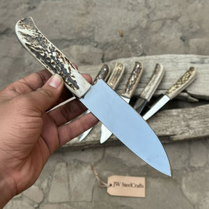 6-Piece High Carbon Steel Chef Knife Set — Synthetic Stag Antler Handles by JW SteelCrafts, Damascus knife detail photo 2