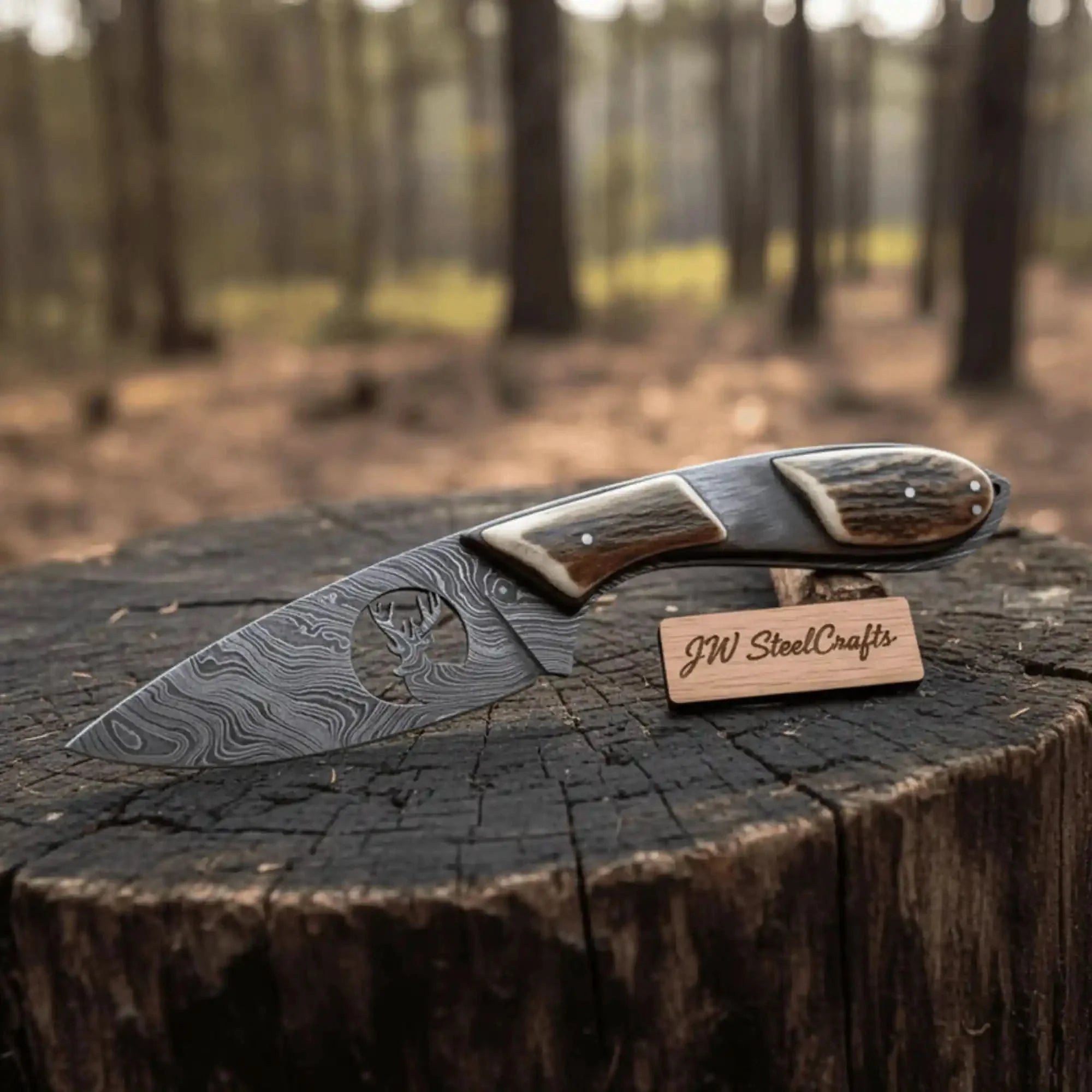 Damascus Skinner Knife Stag Handle 6.5” Fixed Blade by JW SteelCrafts, Damascus knife detail photo 2