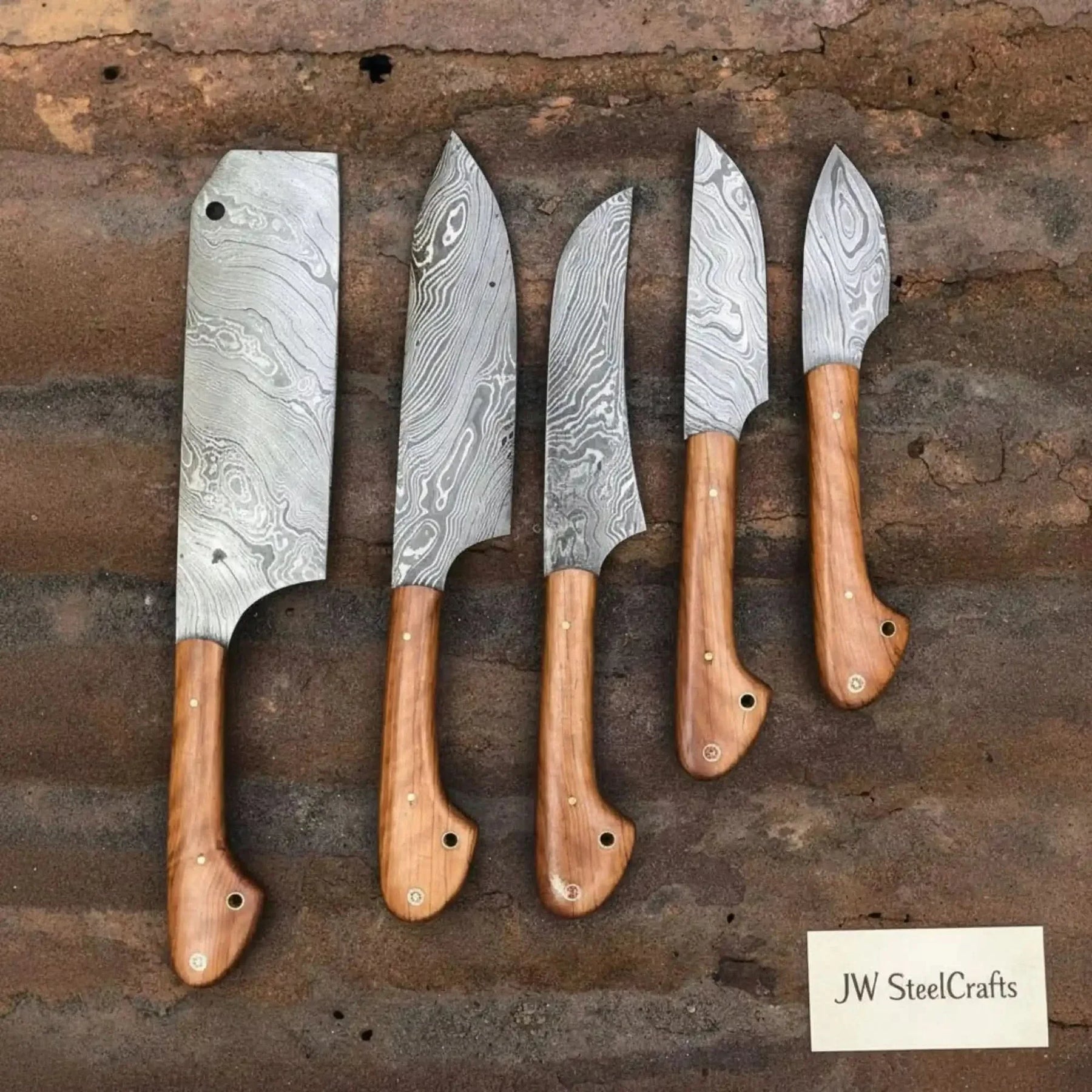 5-Piece Damascus Kitchen Knife Set — Cleaver, Chef, Utility, Boning & Paring with Olive Wood Handles & Brass Pins by JW SteelCrafts, Damascus knife detail photo 3