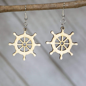 Nautical Ship Wheel Wooden Dangle Earrings | Coastal Jewelry by Cate's Concepts, LLC, handmade jewelry main product photo