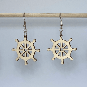 Nautical Ship Wheel Wooden Dangle Earrings | Coastal Jewelry by Cate's Concepts, LLC, handmade jewelry detail photo 2