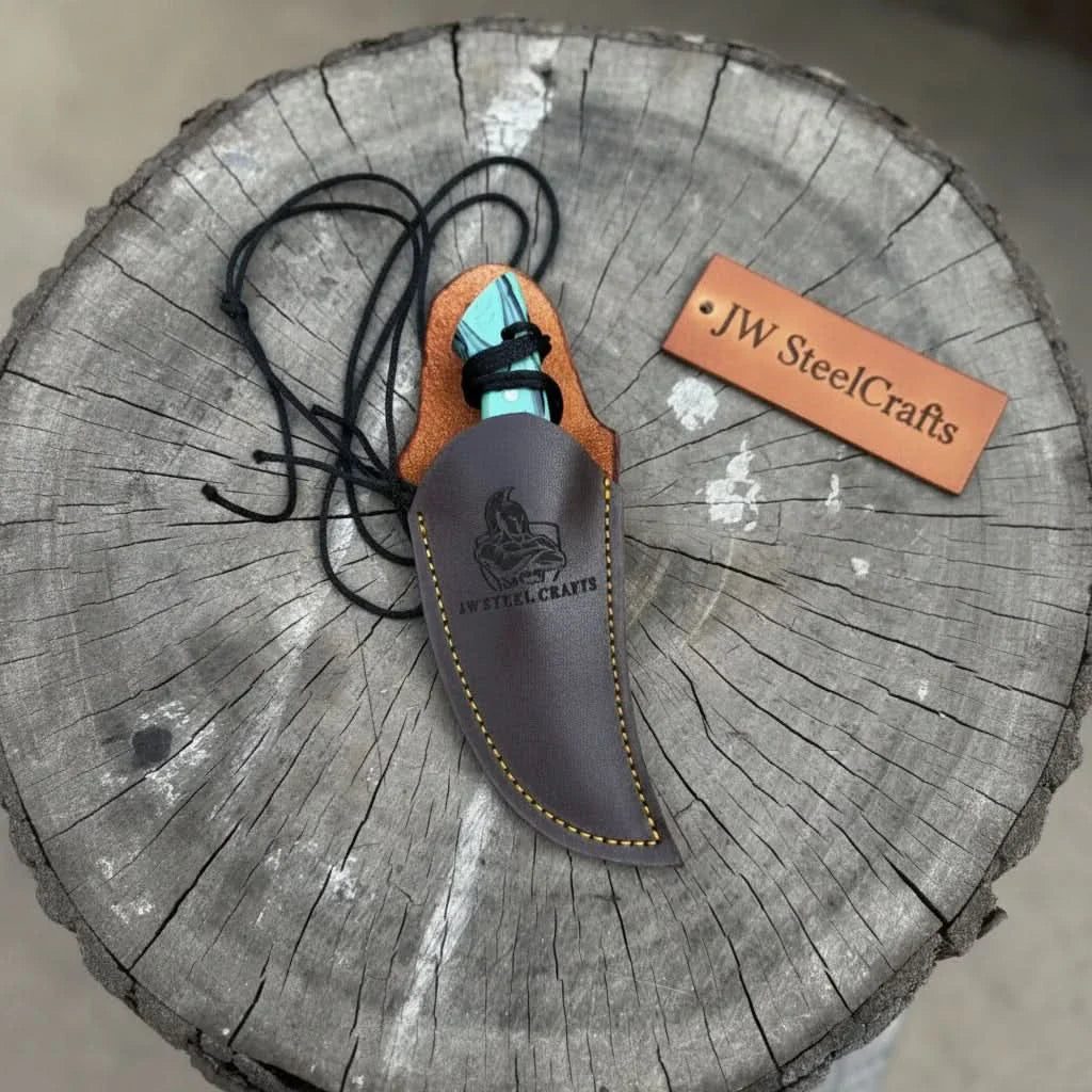Neck Knife with Leather Sheath – Mini Damascus Pattern Blade | Green Resin Handle | JW SteelCrafts by JW SteelCrafts, leather knife sheath detail photo 24