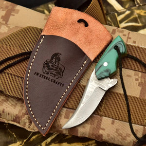 Neck Knife with Leather Sheath – Mini Damascus Pattern Blade | Green Resin Handle | JW SteelCrafts by JW SteelCrafts, leather knife sheath main product photo