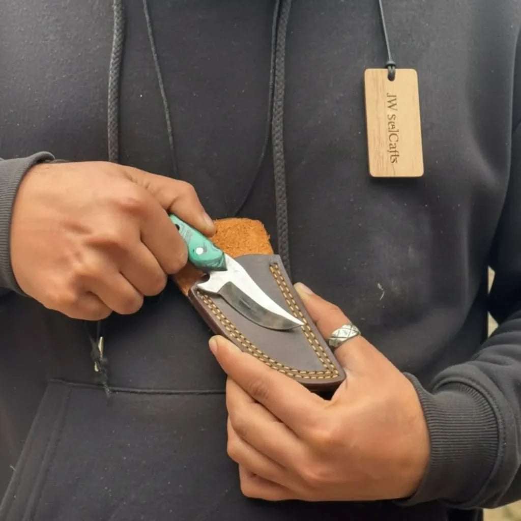 Neck Knife with Leather Sheath – Mini Damascus Pattern Blade | Green Resin Handle | JW SteelCrafts by JW SteelCrafts, leather knife sheath detail photo 11