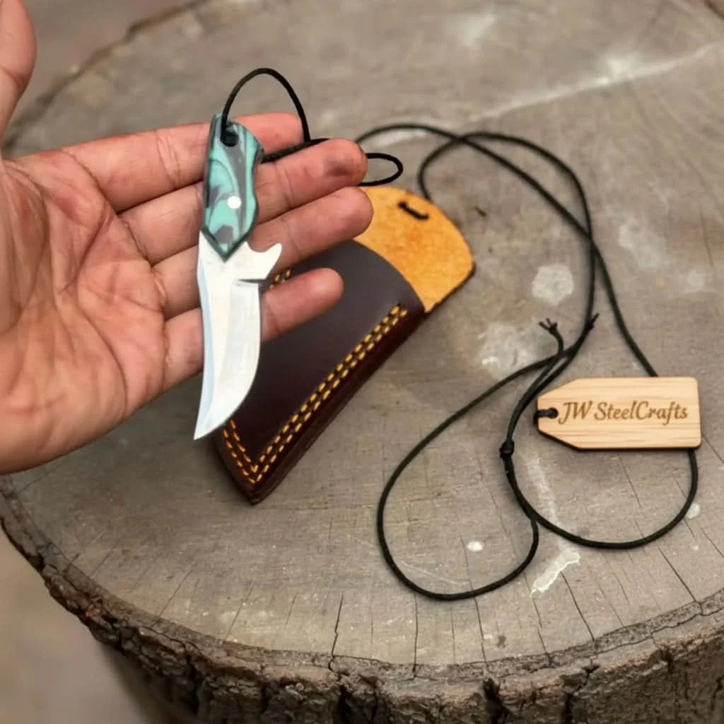 Neck Knife with Leather Sheath – Mini Damascus Pattern Blade | Green Resin Handle | JW SteelCrafts by JW SteelCrafts, leather knife sheath detail photo 19