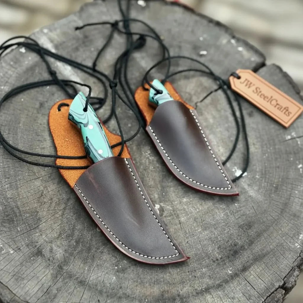 Neck Knife with Leather Sheath – Mini Damascus Pattern Blade | Green Resin Handle | JW SteelCrafts by JW SteelCrafts, leather knife sheath detail photo 15