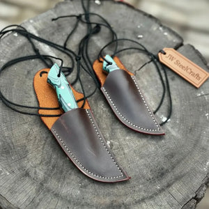 Neck Knife with Leather Sheath – Mini Damascus Pattern Blade | Green Resin Handle | JW SteelCrafts by JW SteelCrafts, leather knife sheath detail photo 15