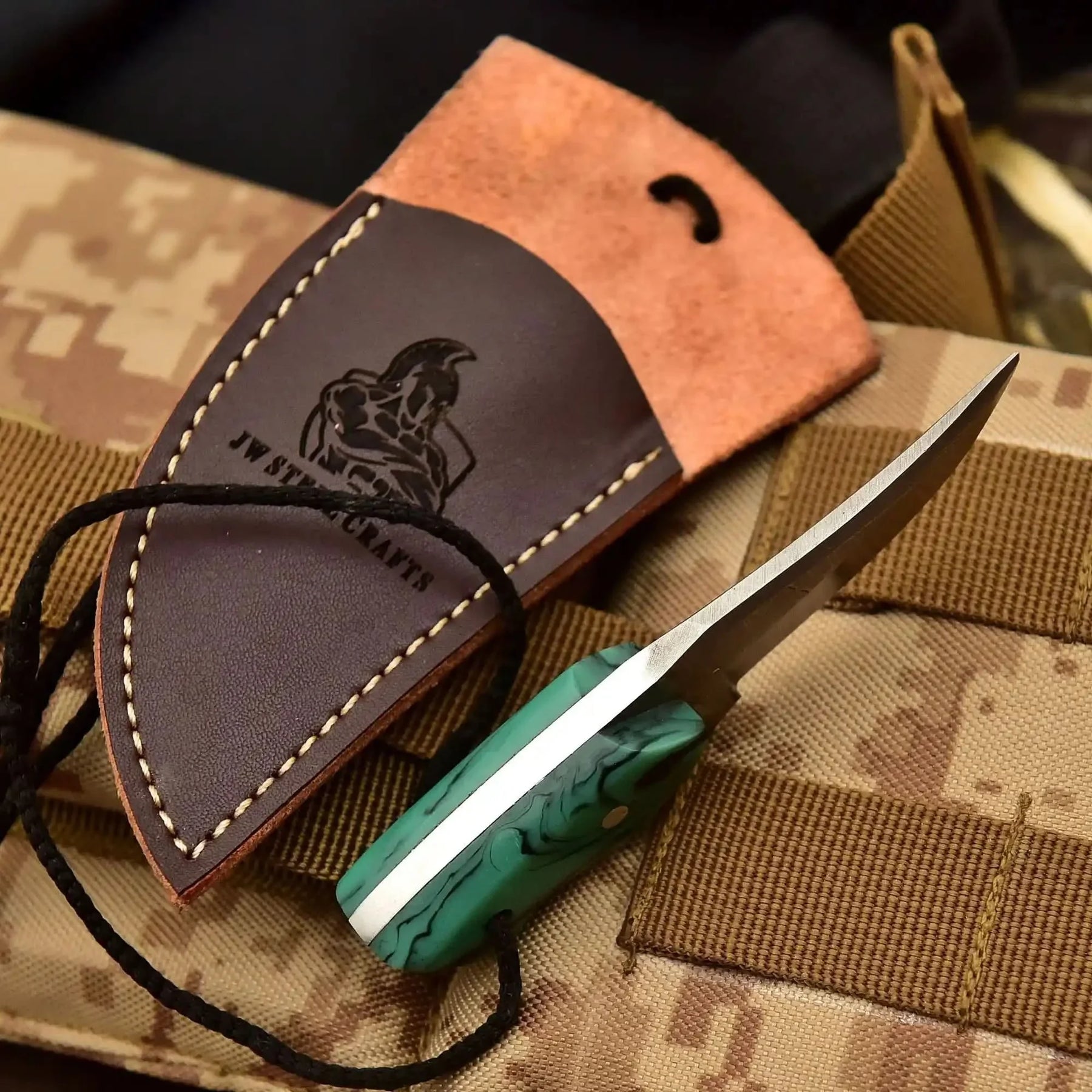 Neck Knife with Leather Sheath – Mini Damascus Pattern Blade | Green Resin Handle | JW SteelCrafts by JW SteelCrafts, leather knife sheath detail photo 25