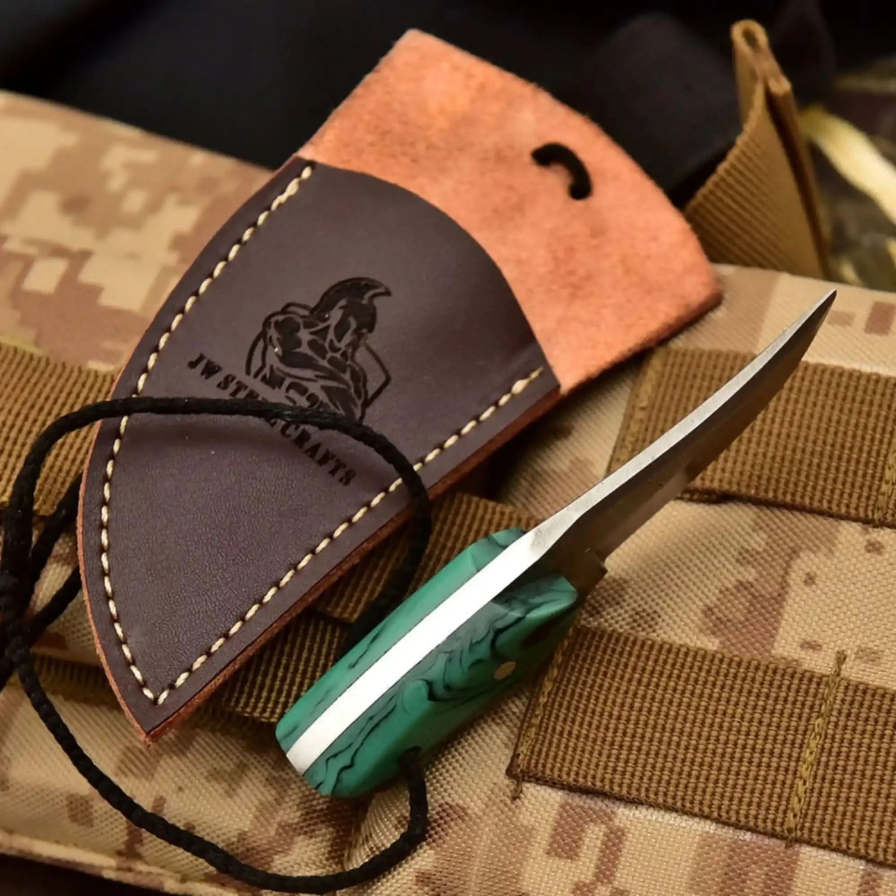 Neck Knife with Leather Sheath – Mini Damascus Pattern Blade | Green Resin Handle | JW SteelCrafts by JW SteelCrafts, leather knife sheath detail photo 20