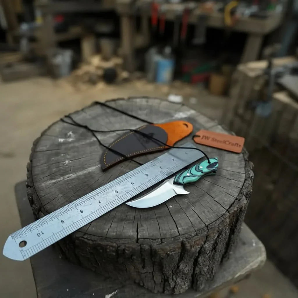 Neck Knife with Leather Sheath – Mini Damascus Pattern Blade | Green Resin Handle | JW SteelCrafts by JW SteelCrafts, leather knife sheath detail photo 22