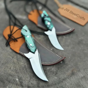 Neck Knife with Leather Sheath – Mini Damascus Pattern Blade | Green Resin Handle | JW SteelCrafts by JW SteelCrafts, leather knife sheath detail photo 14