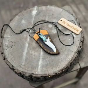 Neck Knife with Leather Sheath – Mini Damascus Pattern Blade | Green Resin Handle | JW SteelCrafts by JW SteelCrafts, leather knife sheath detail photo 8