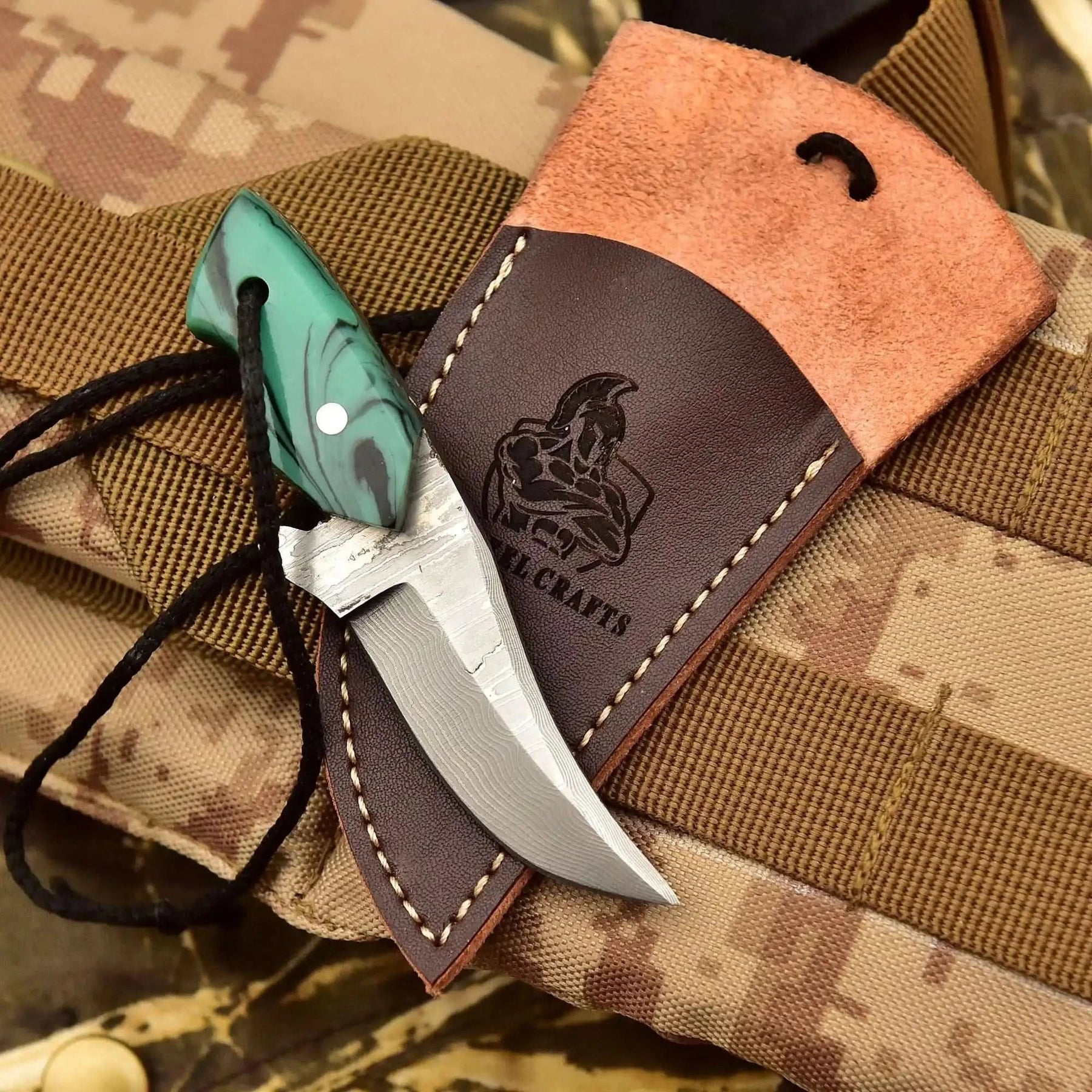 Neck Knife with Leather Sheath – Mini Damascus Pattern Blade | Green Resin Handle | JW SteelCrafts by JW SteelCrafts, leather knife sheath detail photo 26