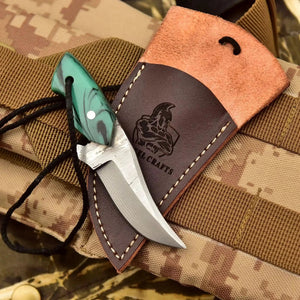 Neck Knife with Leather Sheath – Mini Damascus Pattern Blade | Green Resin Handle | JW SteelCrafts by JW SteelCrafts, leather knife sheath detail photo 26