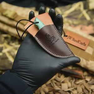 Neck Knife with Leather Sheath – Mini Damascus Pattern Blade | Green Resin Handle | JW SteelCrafts by JW SteelCrafts, leather knife sheath detail photo 6