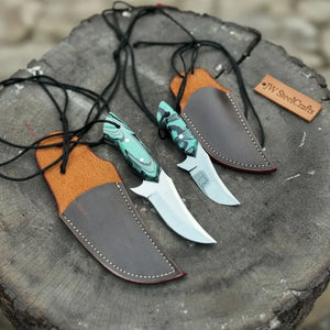 Neck Knife with Leather Sheath – Mini Damascus Pattern Blade | Green Resin Handle | JW SteelCrafts by JW SteelCrafts, leather knife sheath detail photo 13