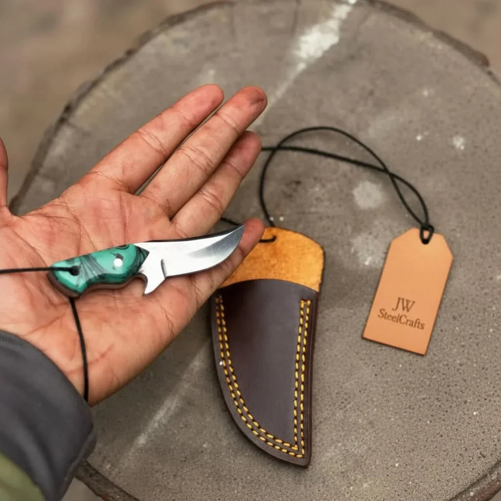 Neck Knife with Leather Sheath – Mini Damascus Pattern Blade | Green Resin Handle | JW SteelCrafts by JW SteelCrafts, leather knife sheath detail photo 3