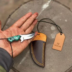 Neck Knife with Leather Sheath – Mini Damascus Pattern Blade | Green Resin Handle | JW SteelCrafts by JW SteelCrafts, leather knife sheath detail photo 3
