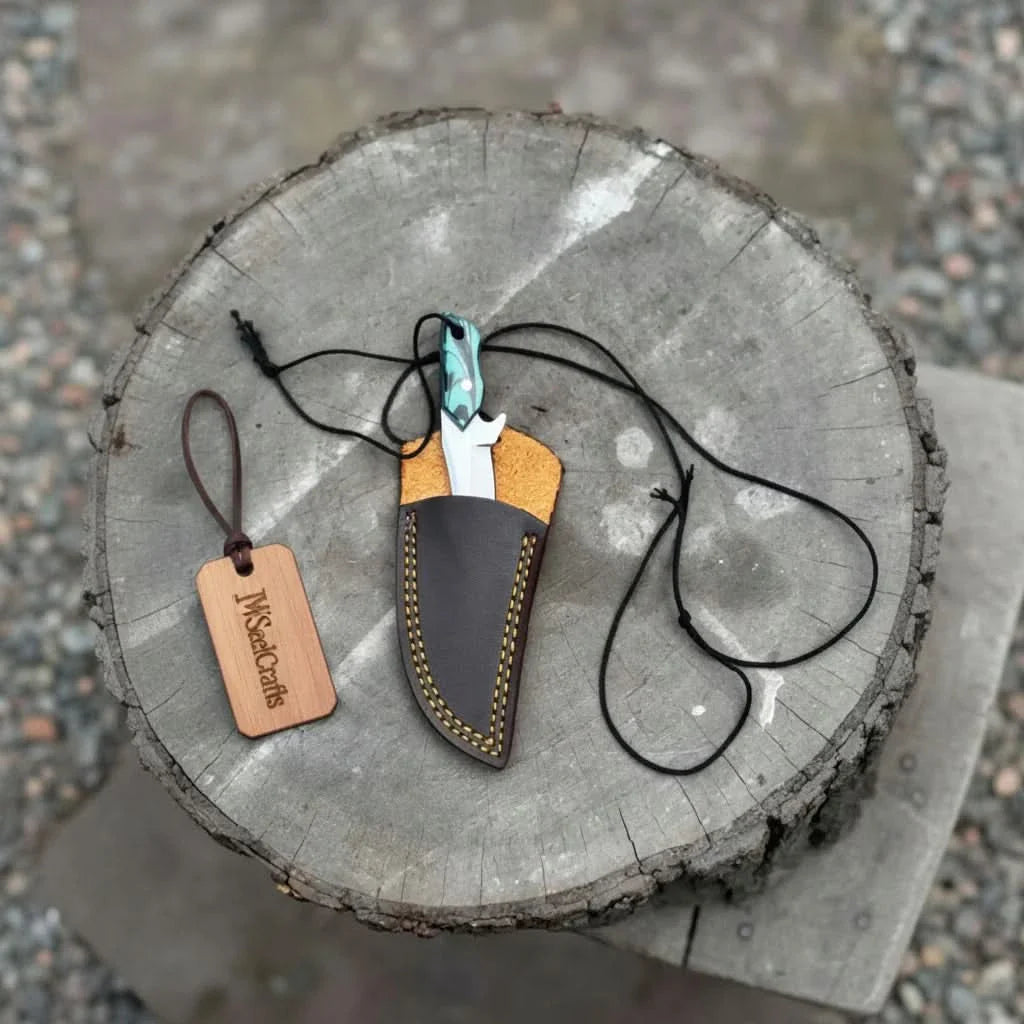 Neck Knife with Leather Sheath – Mini Damascus Pattern Blade | Green Resin Handle | JW SteelCrafts by JW SteelCrafts, leather knife sheath detail photo 9