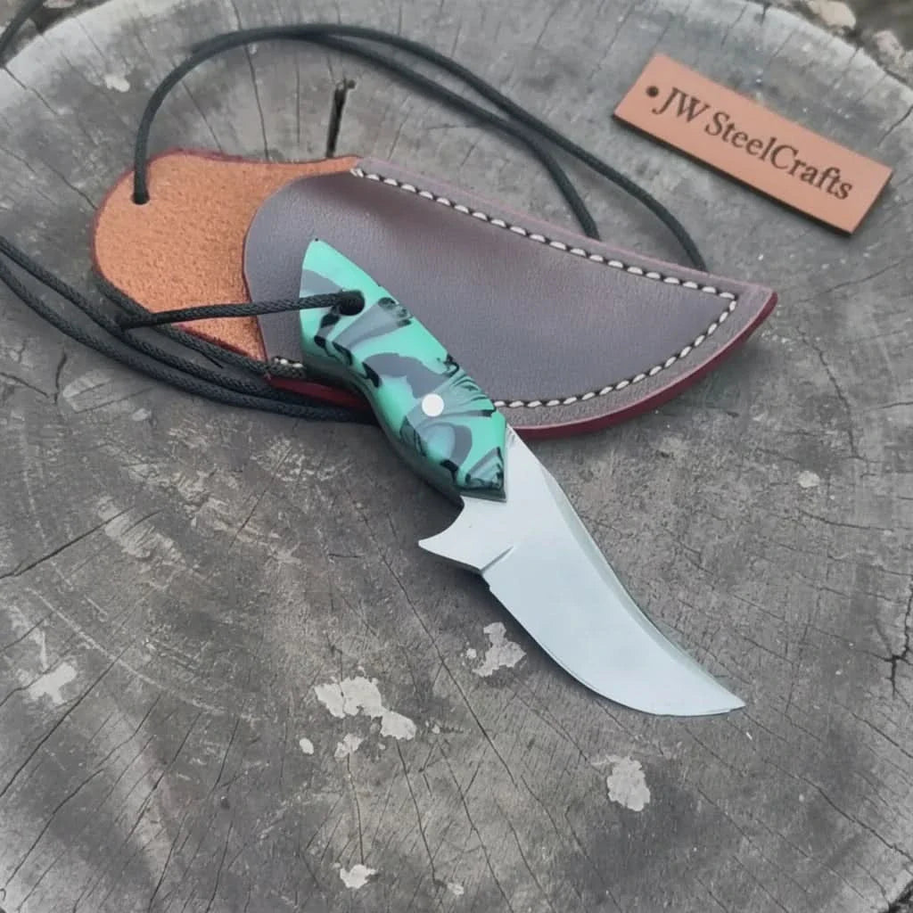 Neck Knife with Leather Sheath – Mini Damascus Pattern Blade | Green Resin Handle | JW SteelCrafts by JW SteelCrafts, leather knife sheath detail photo 12